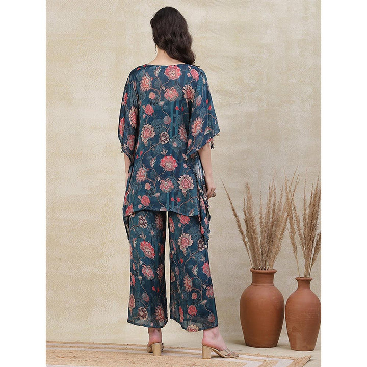 FASHOR Floral Printed Embroidered Kaftan with Palazzo & Inner - Blue (Set of 3)
