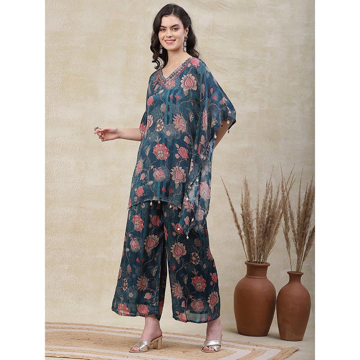 FASHOR Floral Printed Embroidered Kaftan with Palazzo & Inner - Blue (Set of 3)