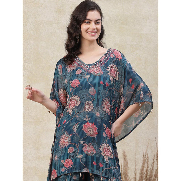 FASHOR Floral Printed Embroidered Kaftan with Palazzo & Inner - Blue (Set of 3)