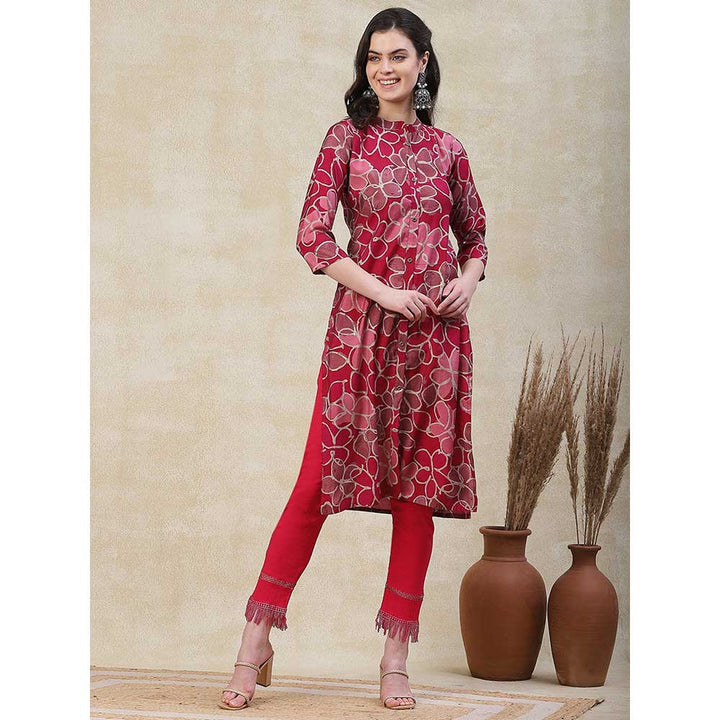 FASHOR Printed Metal Buttoned Kurta - Maroon