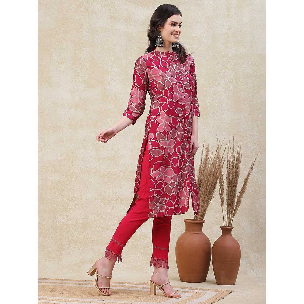 FASHOR Printed Metal Buttoned Kurta - Maroon