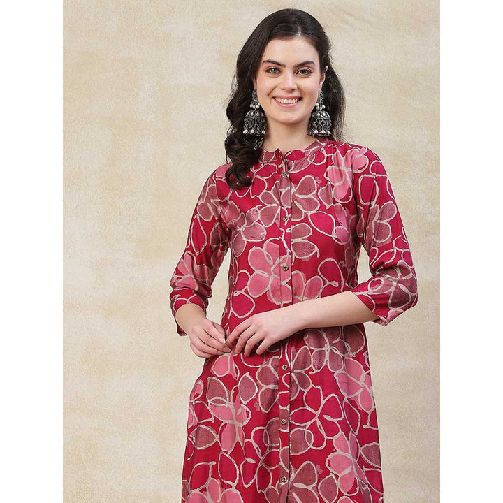 FASHOR Printed Metal Buttoned Kurta - Maroon