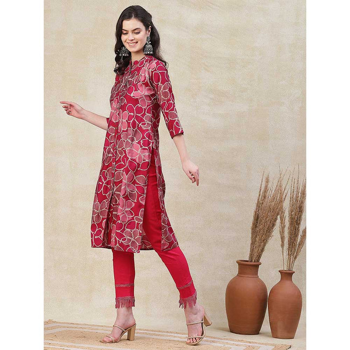 FASHOR Printed Metal Buttoned Kurta - Maroon