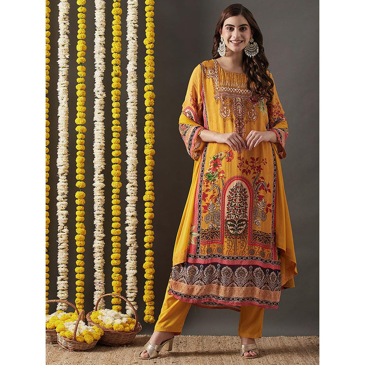 FASHOR Ethnic Printed Kurta with Pants & Dupatta - Yellow (Set of 3)