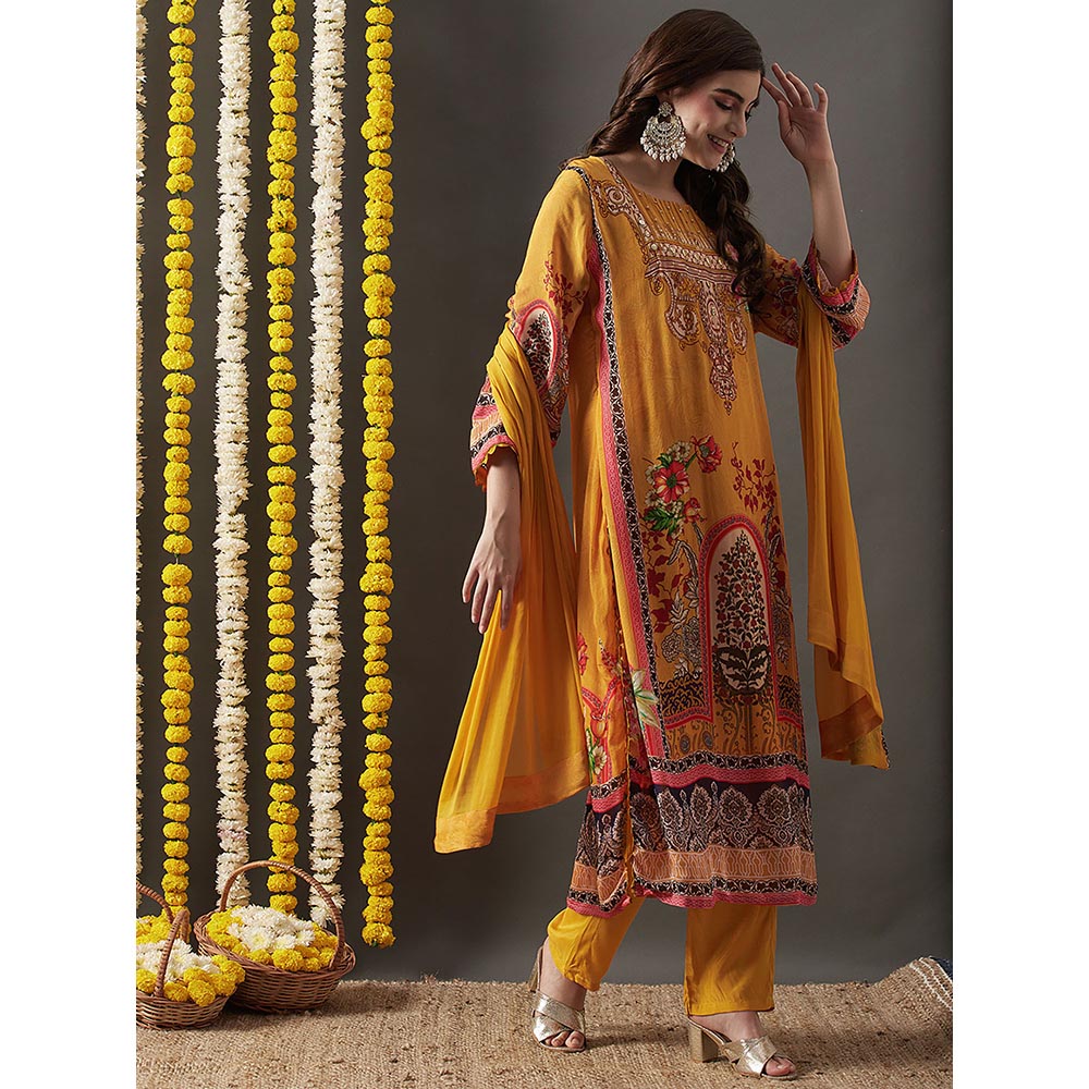 FASHOR Ethnic Printed Kurta with Pants & Dupatta - Yellow (Set of 3)