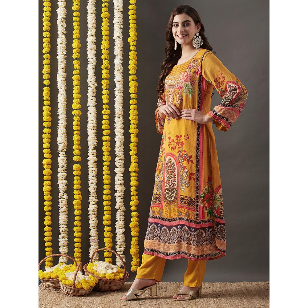 FASHOR Ethnic Printed Kurta with Pants & Dupatta - Yellow (Set of 3)