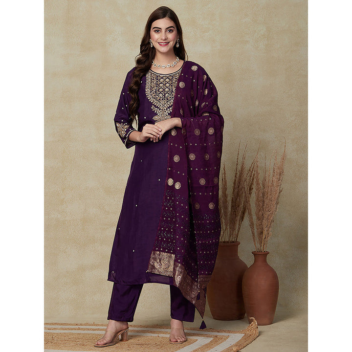 FASHOR Embroidered Ethnic Kurta with Pant & Dupatta - Deep Purple (Set of 3)