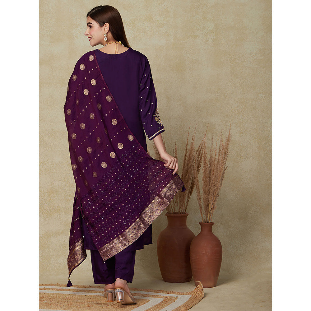 FASHOR Embroidered Ethnic Kurta with Pant & Dupatta - Deep Purple (Set of 3)