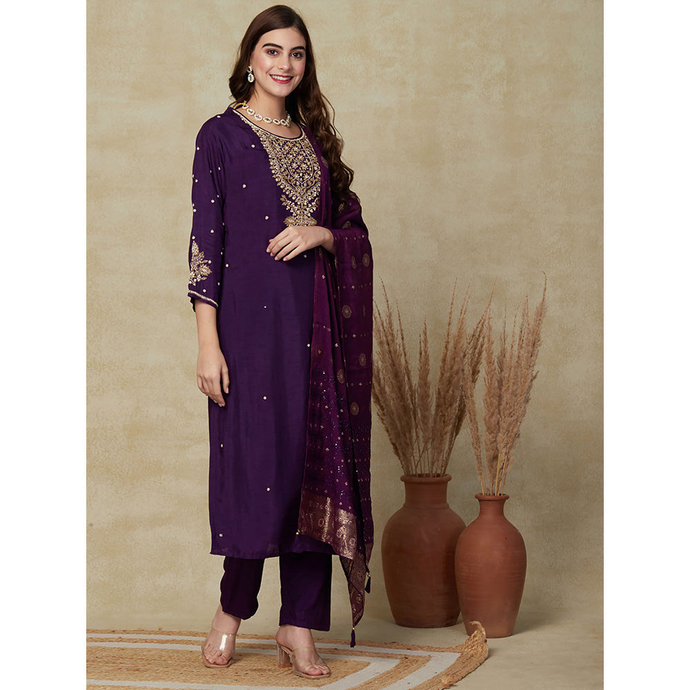 FASHOR Embroidered Ethnic Kurta with Pant & Dupatta - Deep Purple (Set of 3)