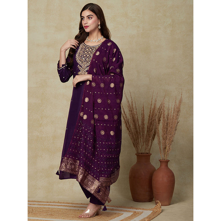 FASHOR Embroidered Ethnic Kurta with Pant & Dupatta - Deep Purple (Set of 3)