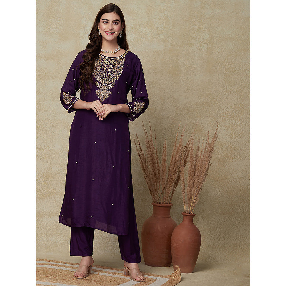 FASHOR Embroidered Ethnic Kurta with Pant & Dupatta - Deep Purple (Set of 3)