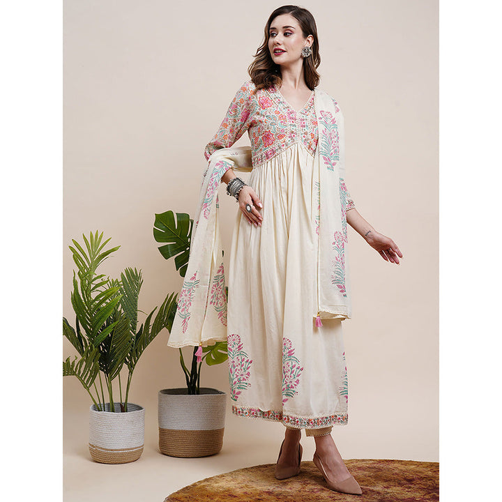 FASHOR Floral Printed Anarkali Kurta with Pants & Dupatta - Off White (Set of 3)