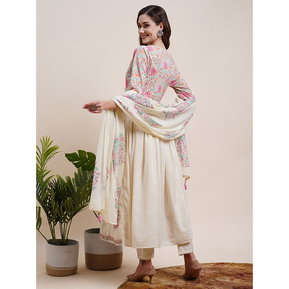 FASHOR Floral Printed Anarkali Kurta with Pants & Dupatta - Off White (Set of 3)