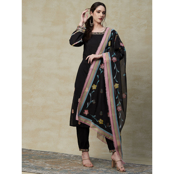 FASHOR Embroidered Kurta With Salwar Pants & Dupatta - Black (Set of 3)