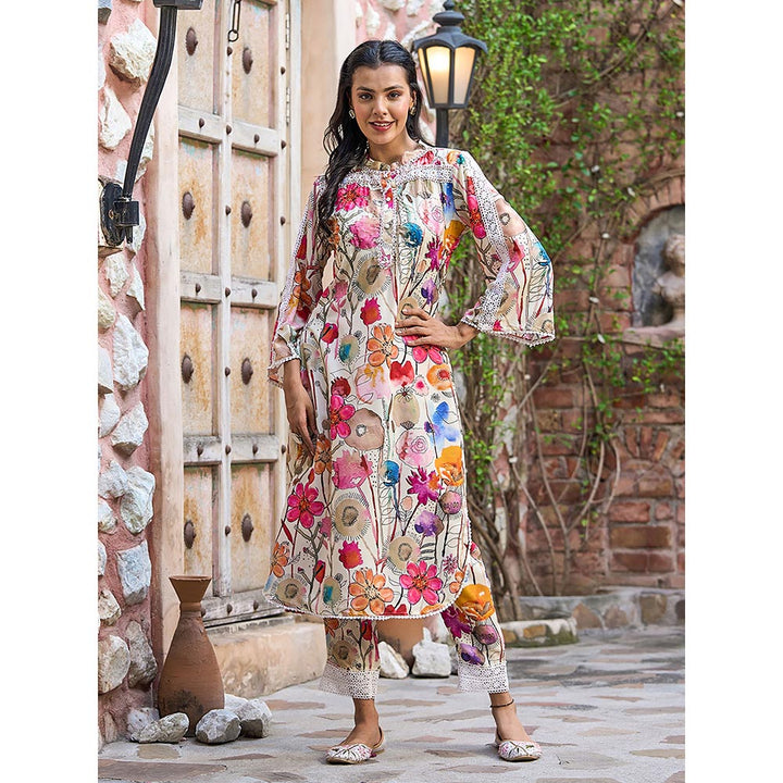 FASHOR Floral Printed Kurta with Pant - Off White (Set of 2)