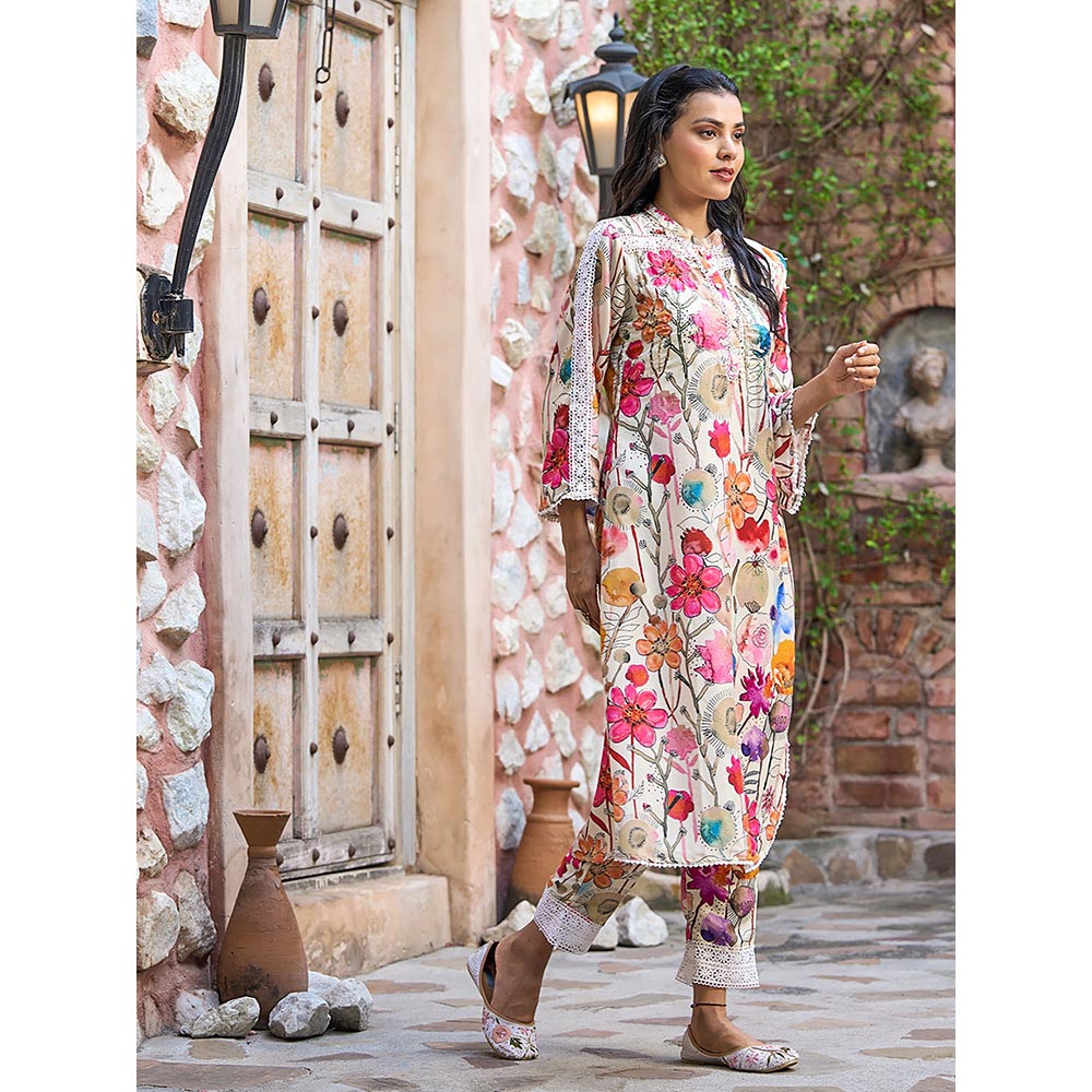 FASHOR Floral Printed Kurta with Pant - Off White (Set of 2)