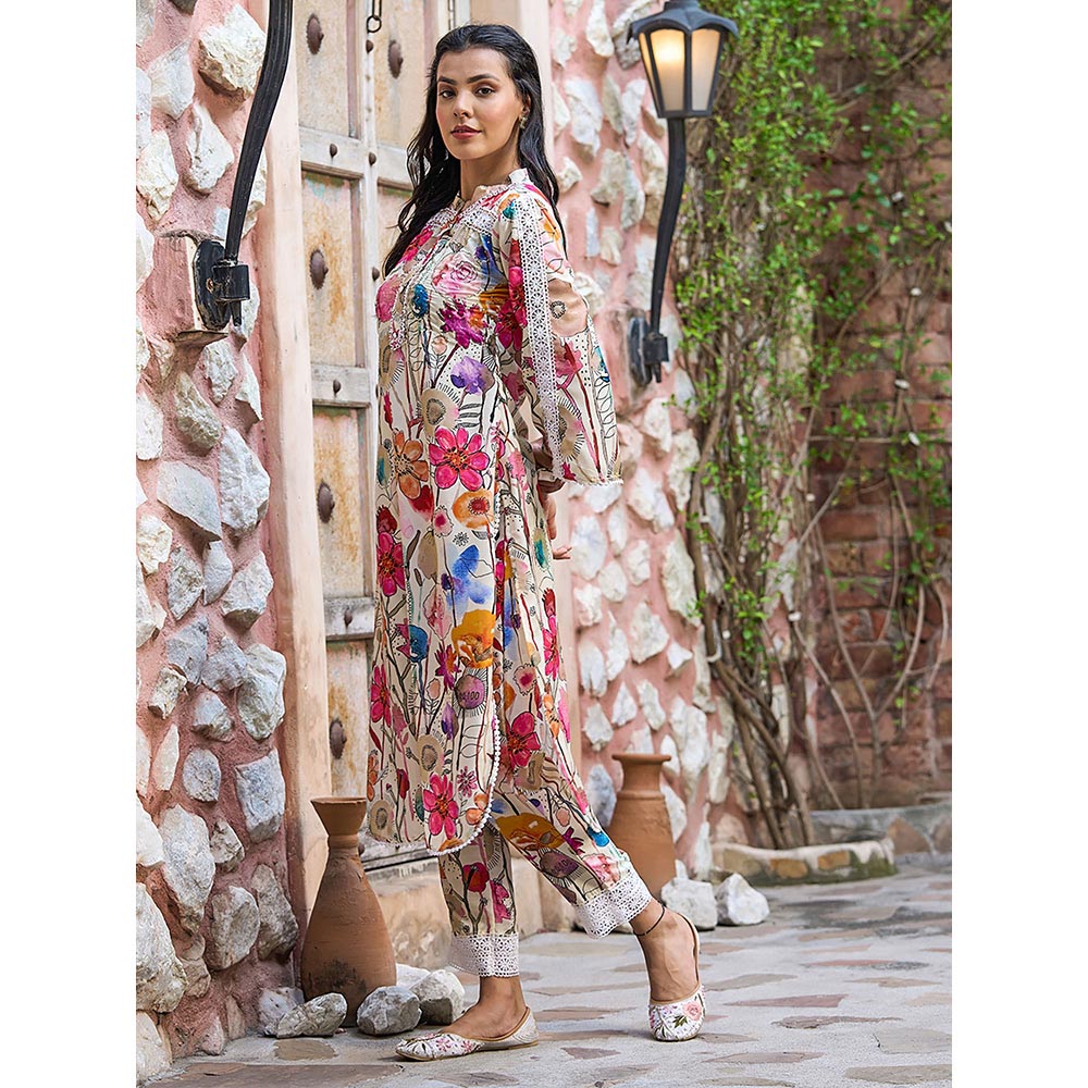 FASHOR Floral Printed Kurta with Pant - Off White (Set of 2)