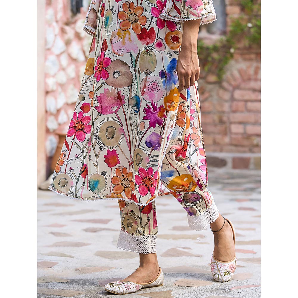 FASHOR Floral Printed Kurta with Pant - Off White (Set of 2)