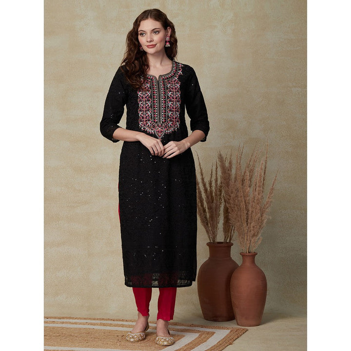 FASHOR Resham Sequins Embroidered Kurta - Black