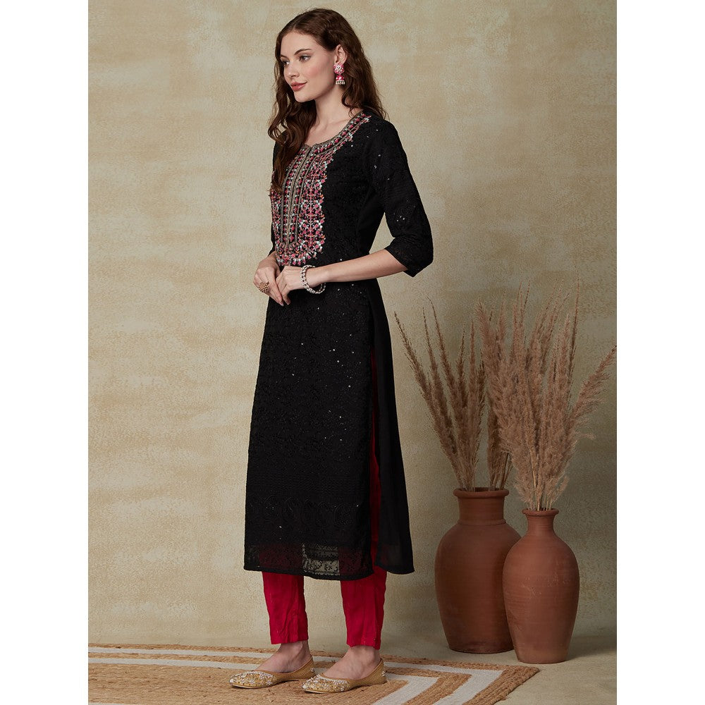 FASHOR Resham Sequins Embroidered Kurta - Black