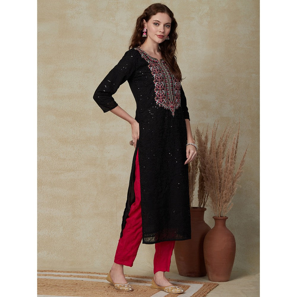 FASHOR Resham Sequins Embroidered Kurta - Black