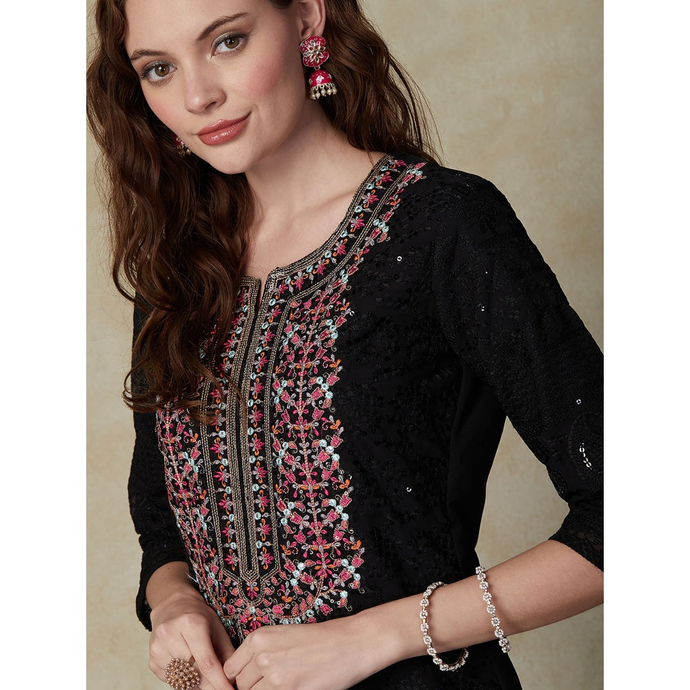 FASHOR Resham Sequins Embroidered Kurta - Black