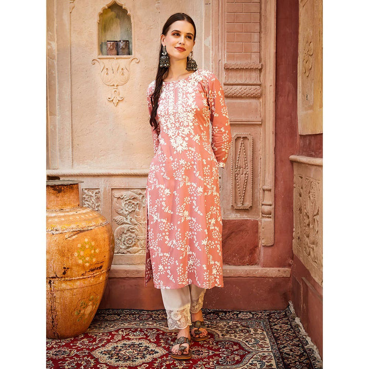 FASHOR Floral Printed Resham Embroidered Kurta - Peach