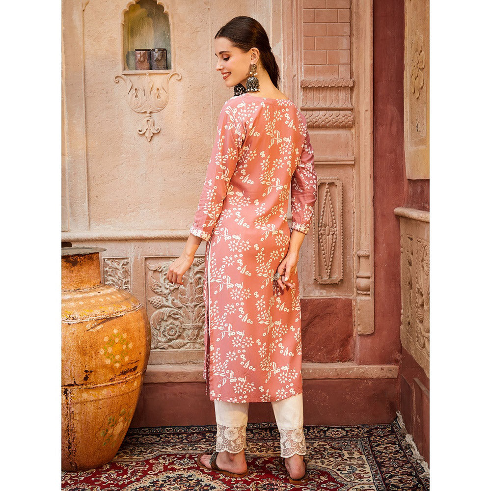 FASHOR Floral Printed Resham Embroidered Kurta - Peach