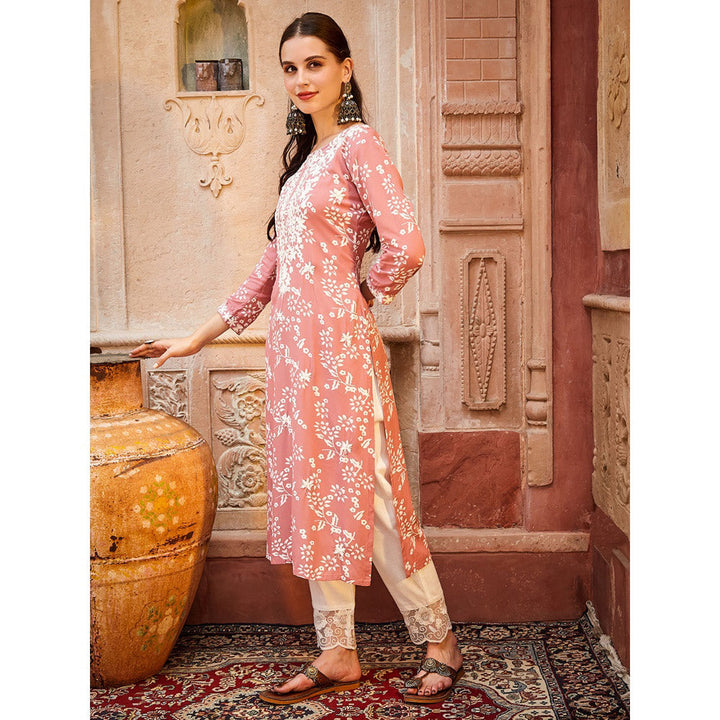 FASHOR Floral Printed Resham Embroidered Kurta - Peach