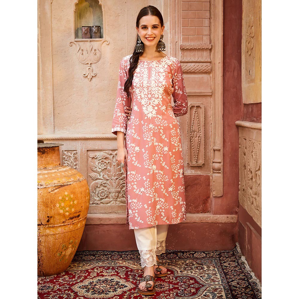 FASHOR Floral Printed Resham Embroidered Kurta - Peach