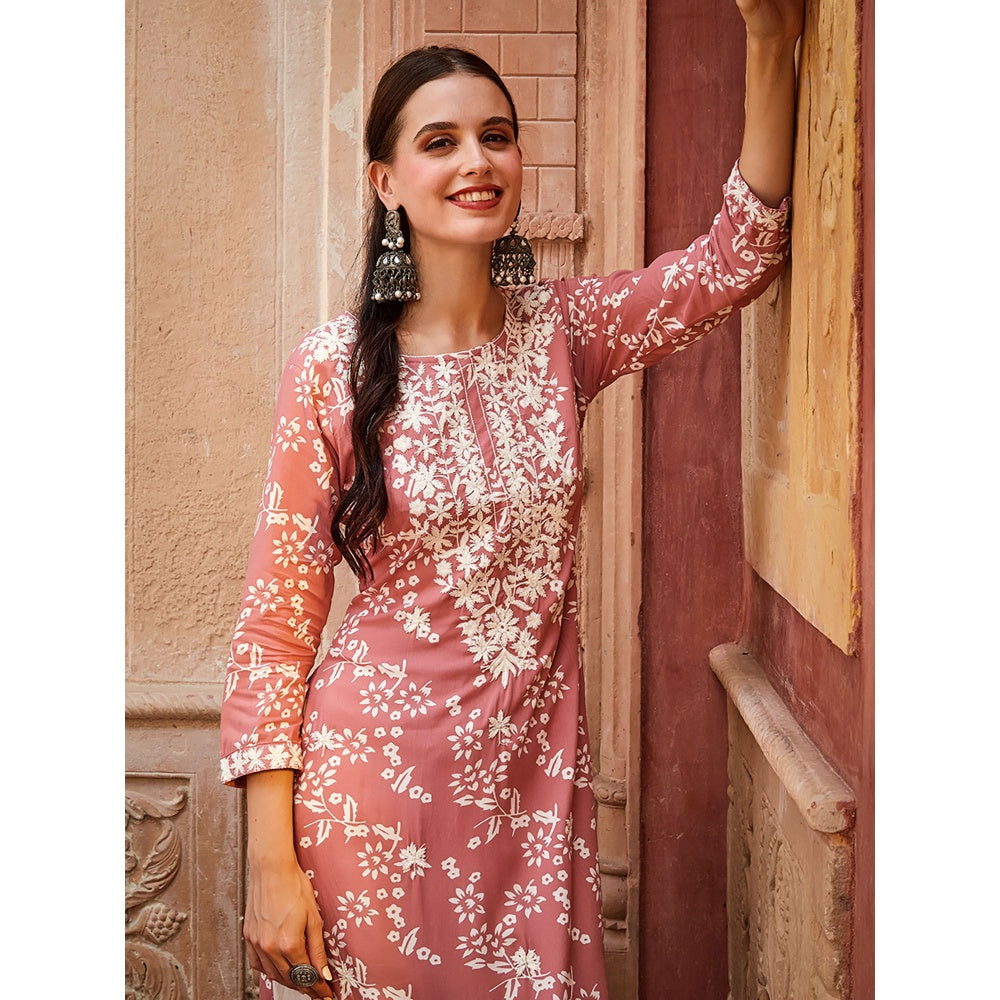 FASHOR Floral Printed Resham Embroidered Kurta - Peach