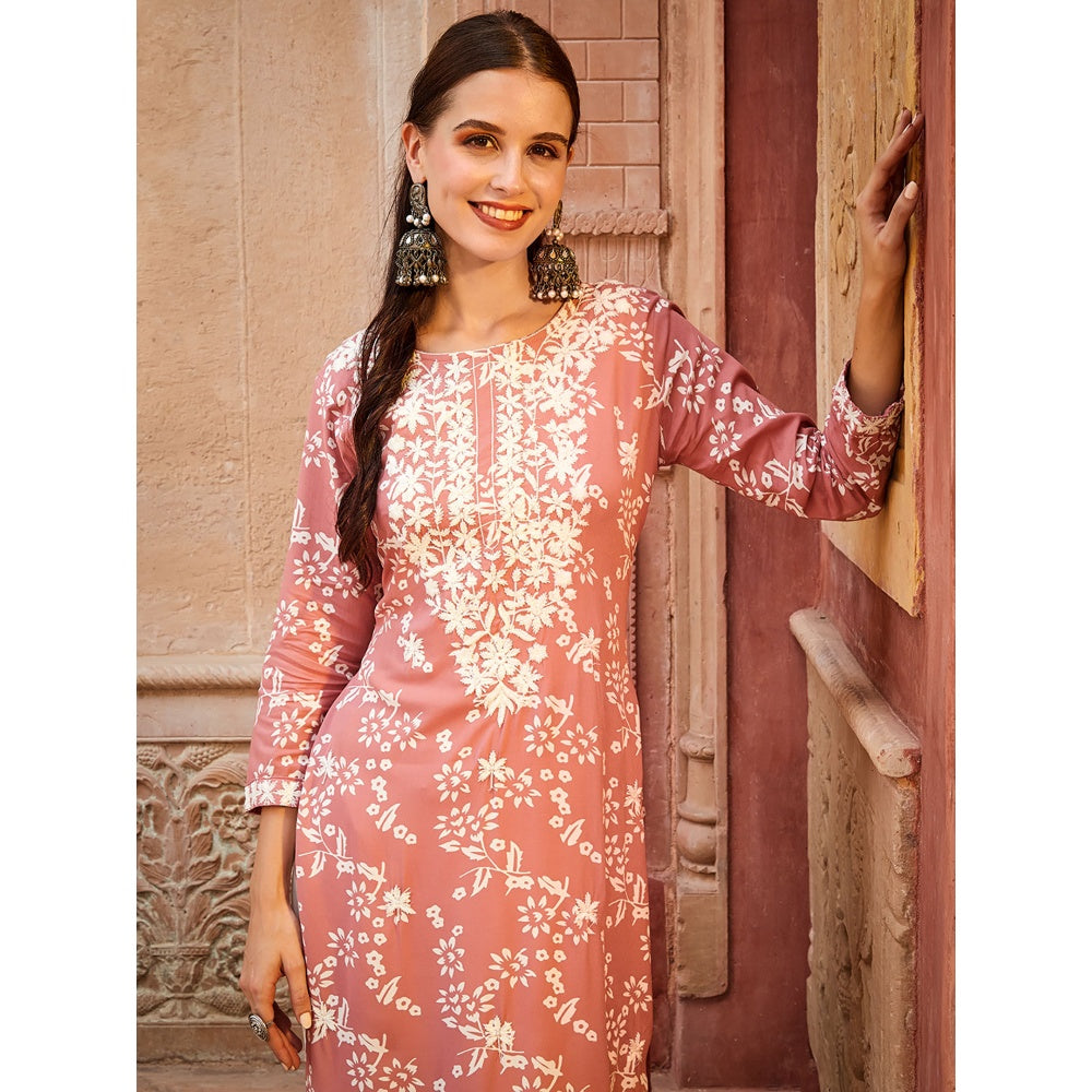 FASHOR Floral Printed Resham Embroidered Kurta - Peach