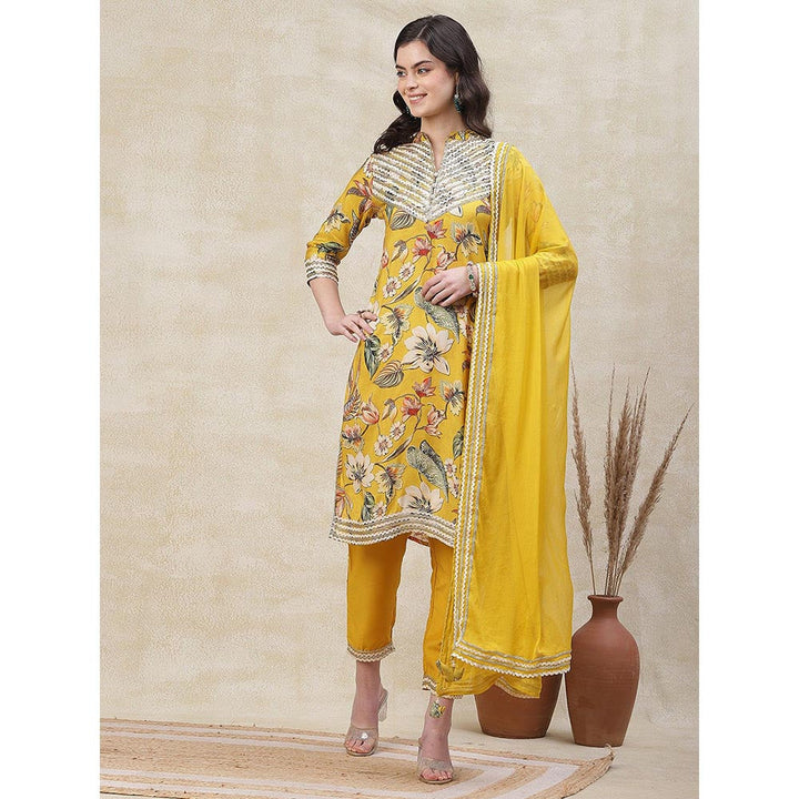 FASHOR Floral Printed Kurta with Pant & Dupatta - Yellow (Set of 3)