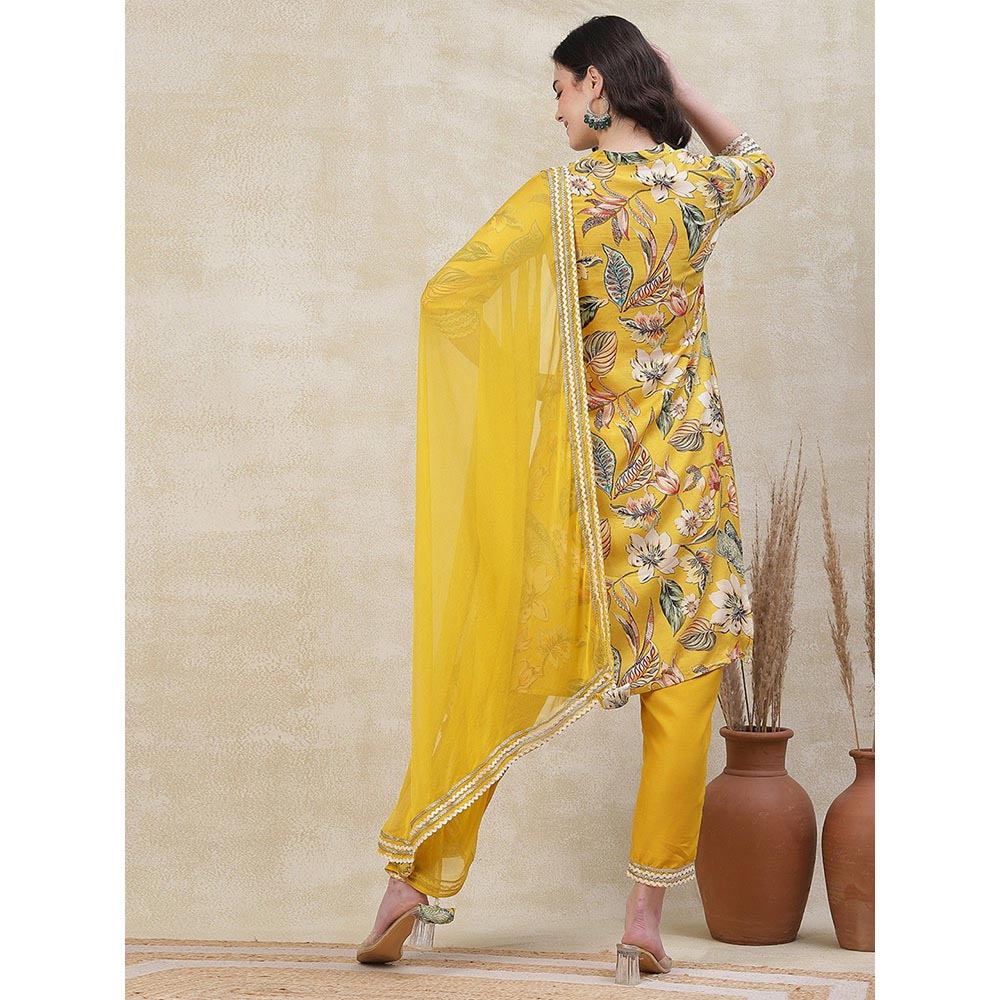 FASHOR Floral Printed Kurta with Pant & Dupatta - Yellow (Set of 3)