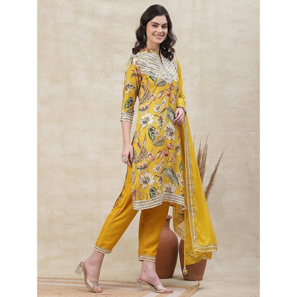 FASHOR Floral Printed Kurta with Pant & Dupatta - Yellow (Set of 3)