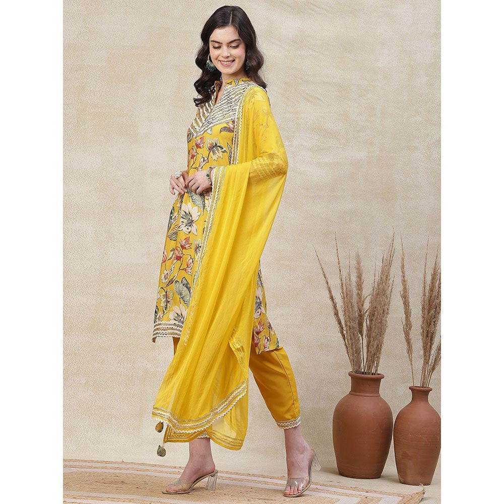 FASHOR Floral Printed Kurta with Pant & Dupatta - Yellow (Set of 3)