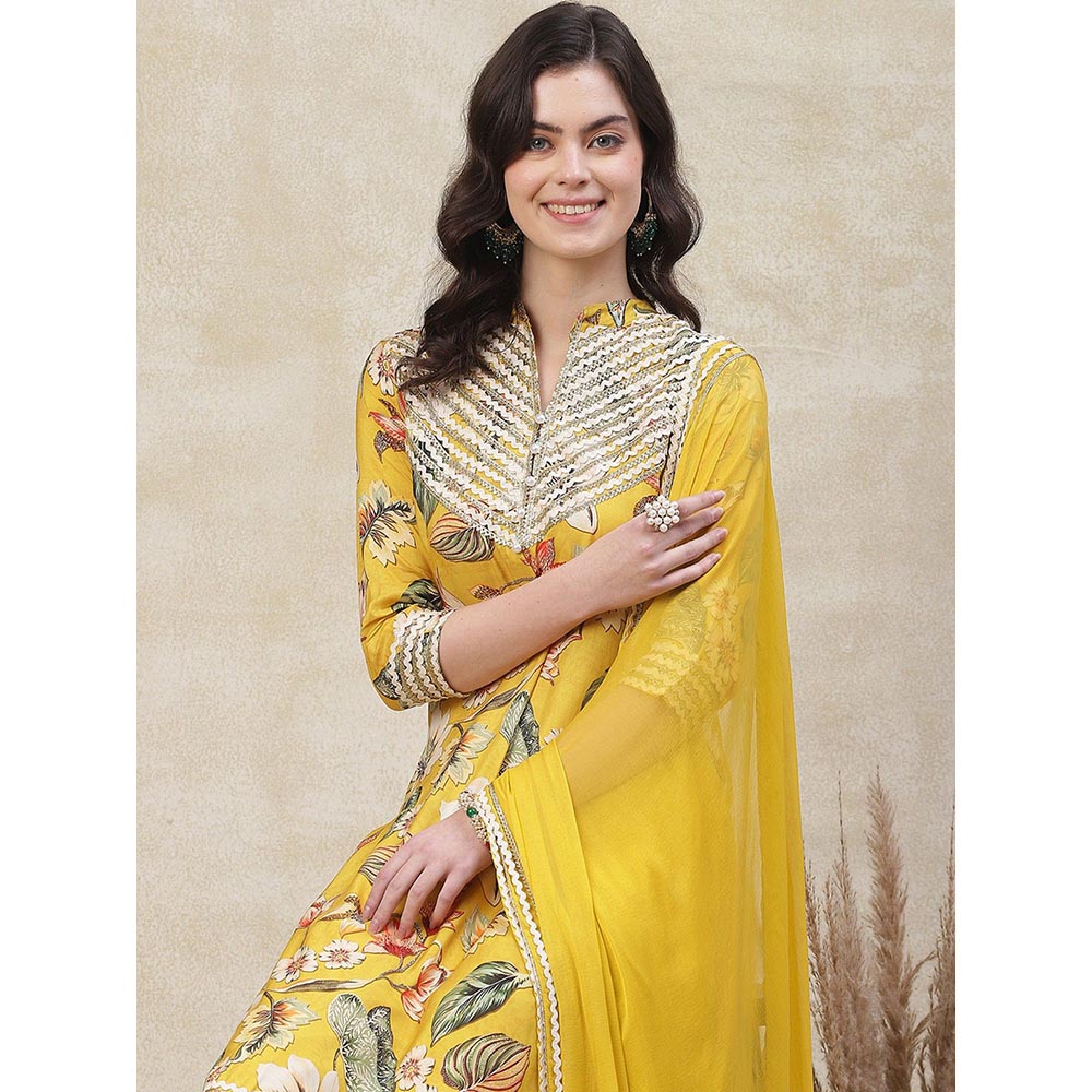 FASHOR Floral Printed Kurta with Pant & Dupatta - Yellow (Set of 3)