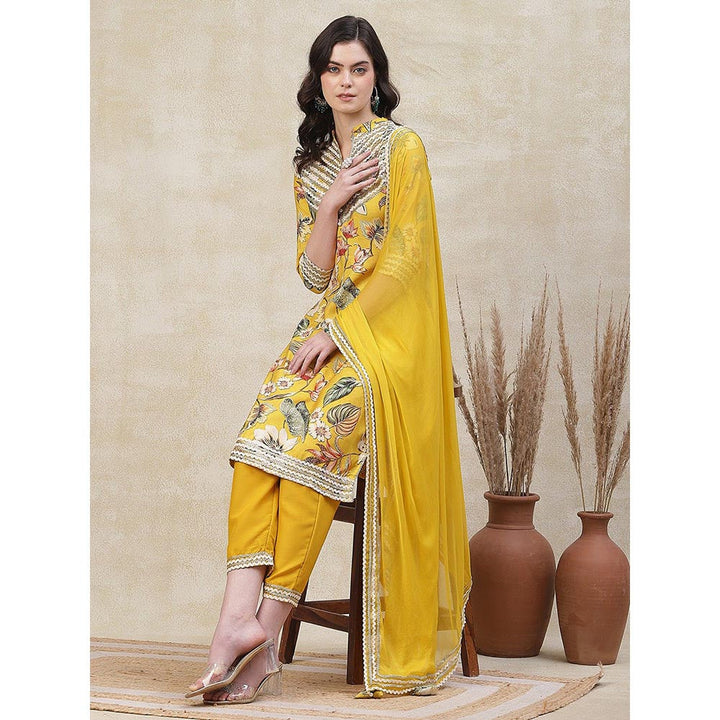 FASHOR Floral Printed Kurta with Pant & Dupatta - Yellow (Set of 3)