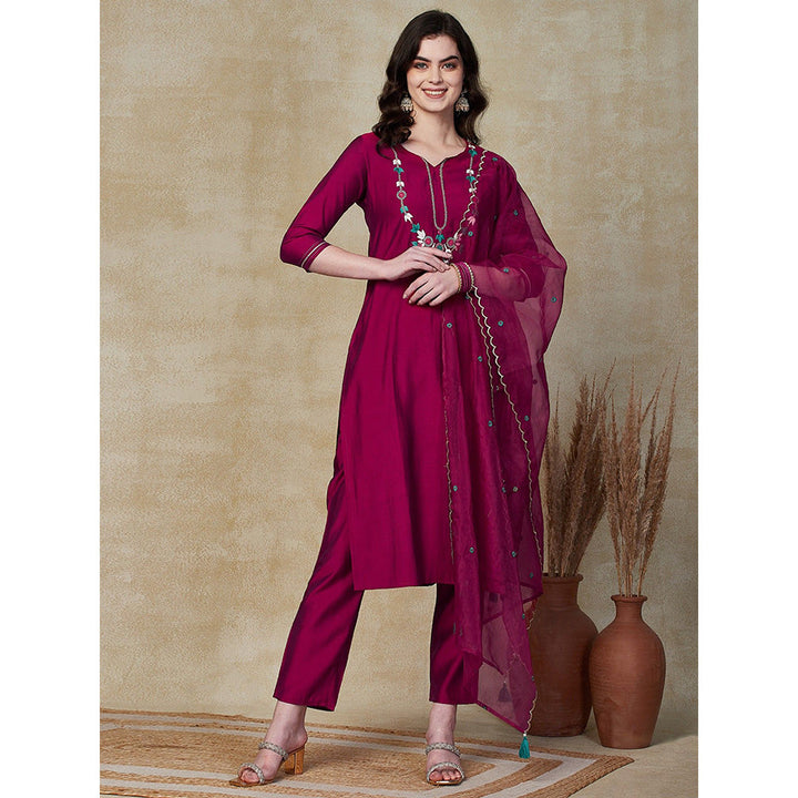 FASHOR Solid Embroidered Kurta with Pants & Dupatta - Dark Magenta (Set of 3)