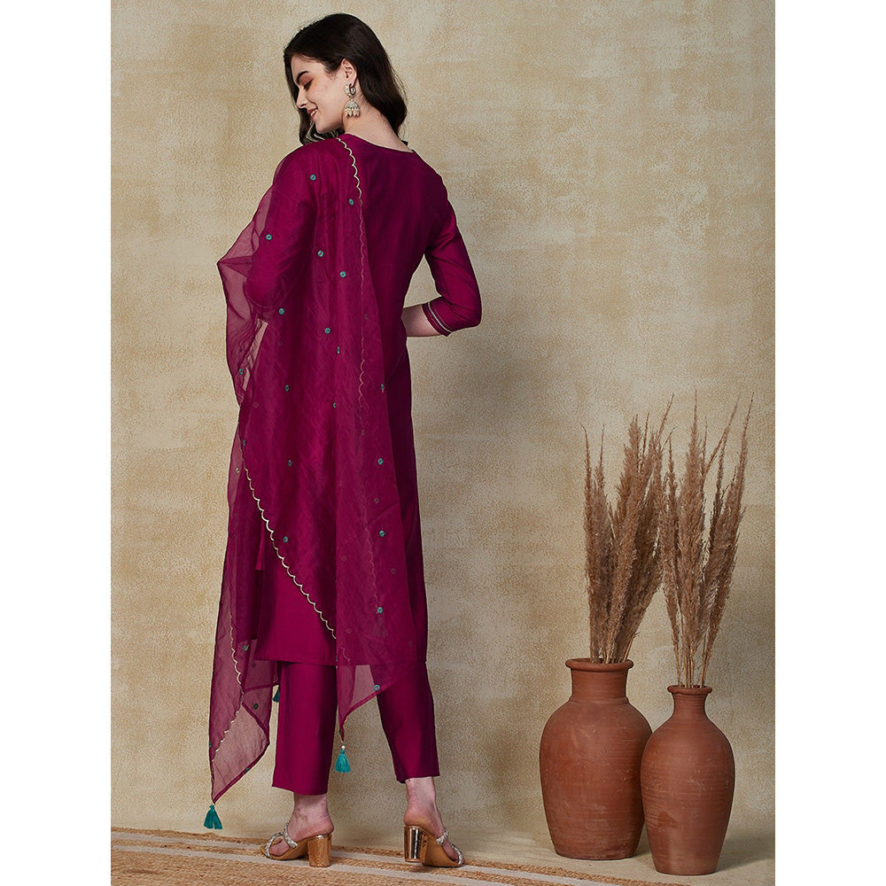 FASHOR Solid Embroidered Kurta with Pants & Dupatta - Dark Magenta (Set of 3)