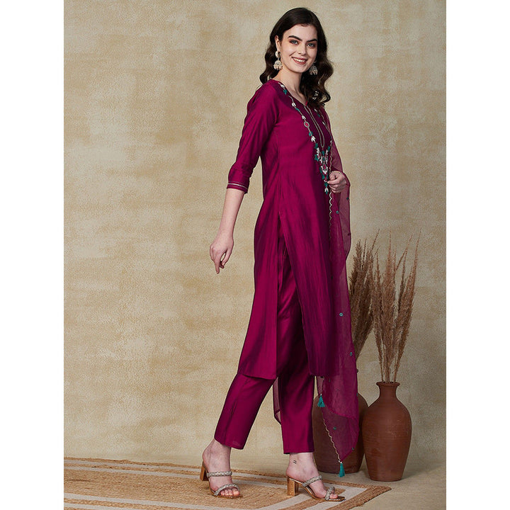 FASHOR Solid Embroidered Kurta with Pants & Dupatta - Dark Magenta (Set of 3)