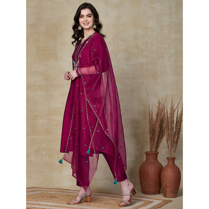 FASHOR Solid Embroidered Kurta with Pants & Dupatta - Dark Magenta (Set of 3)