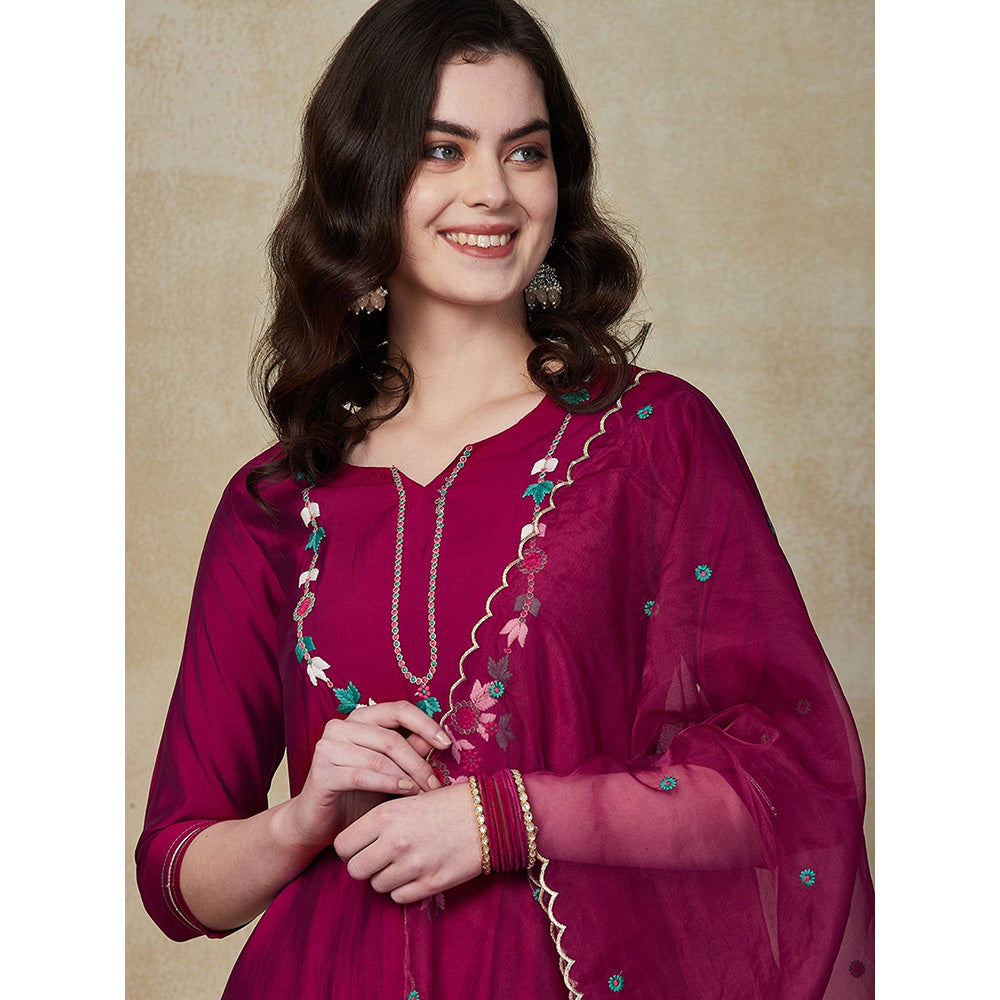 FASHOR Solid Embroidered Kurta with Pants & Dupatta - Dark Magenta (Set of 3)