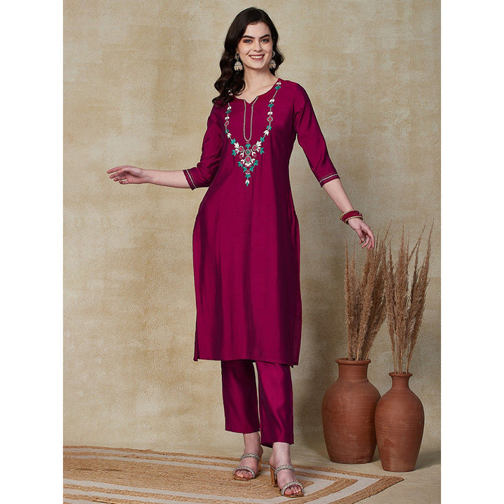 FASHOR Solid Embroidered Kurta with Pants & Dupatta - Dark Magenta (Set of 3)