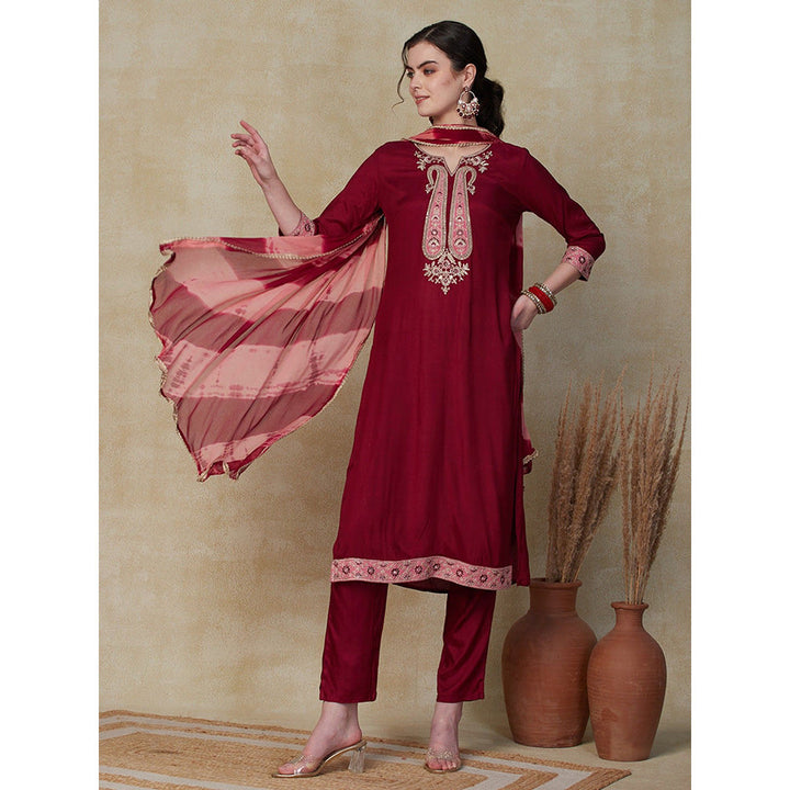 FASHOR Solid Embroidered Kurta with Pants & Dupatta - Maroon (Set of 3)