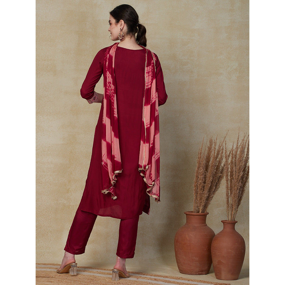 FASHOR Solid Embroidered Kurta with Pants & Dupatta - Maroon (Set of 3)