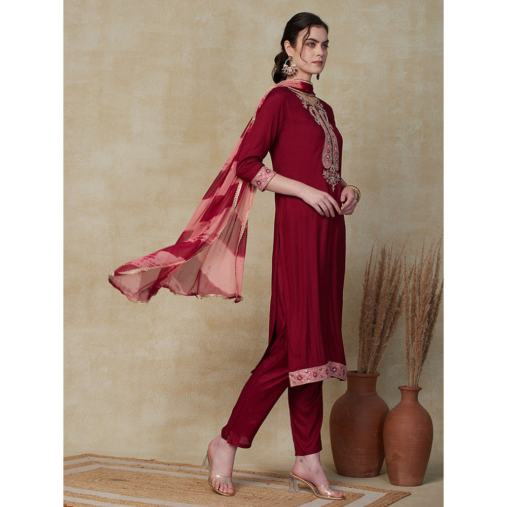 FASHOR Solid Embroidered Kurta with Pants & Dupatta - Maroon (Set of 3)