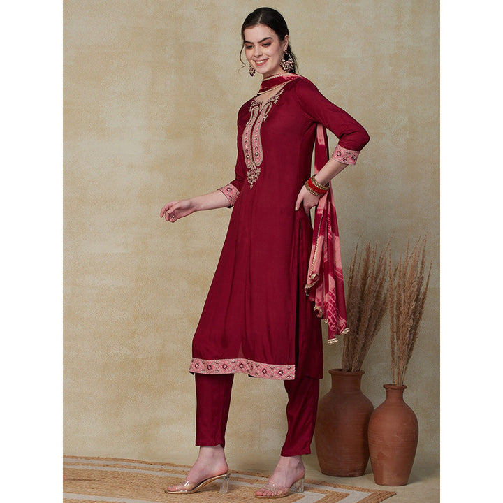 FASHOR Solid Embroidered Kurta with Pants & Dupatta - Maroon (Set of 3)