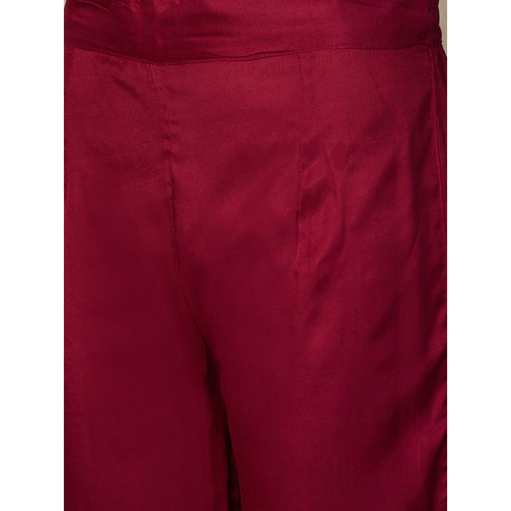 FASHOR Solid Embroidered Kurta with Pants & Dupatta - Maroon (Set of 3)