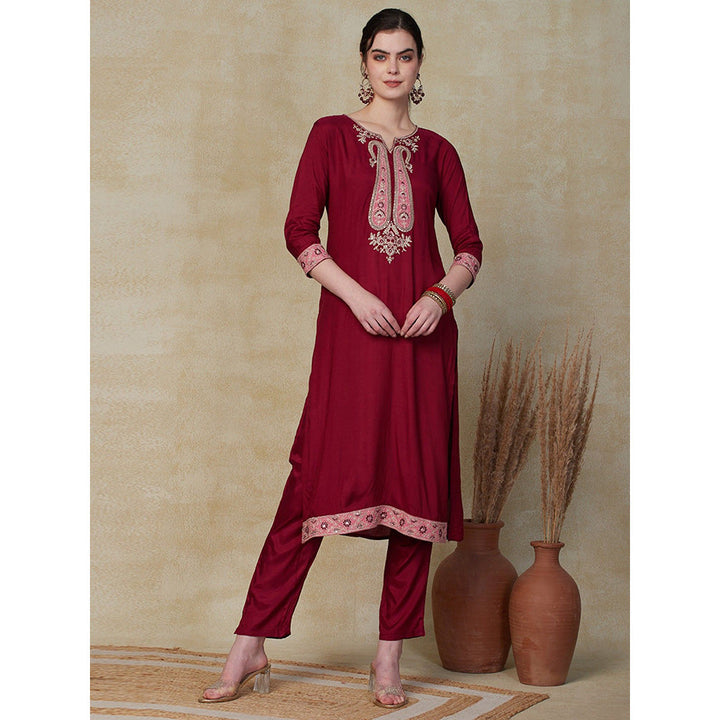 FASHOR Solid Embroidered Kurta with Pants & Dupatta - Maroon (Set of 3)